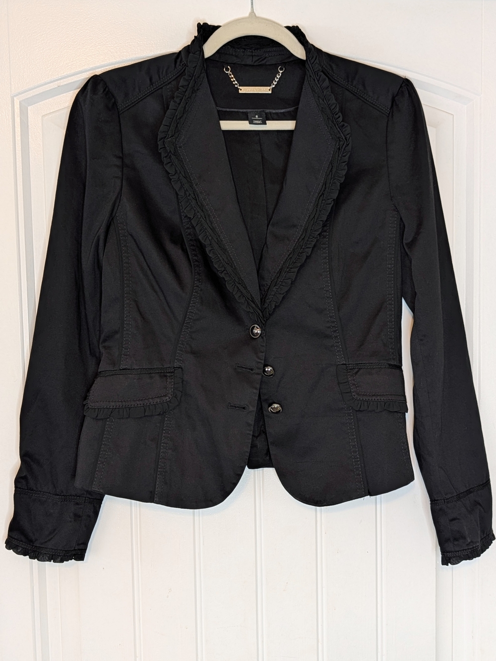 White House Black Market Black Ruffle Trim Tailored Blazer Jacket